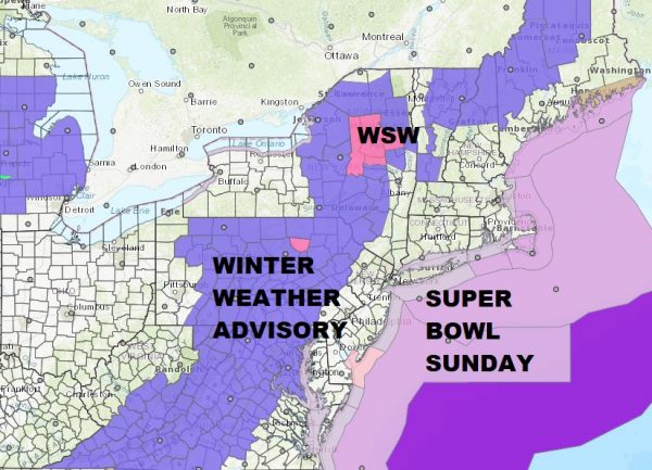 Super Bowl Sunday Winter Weather Advisory NE Pennsylvania Catskills