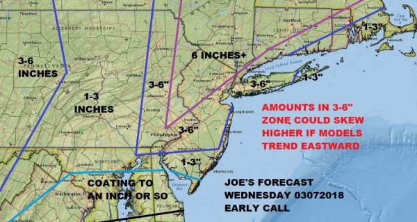 Noreaster Part 2 Joe's Snow Forecast Map 03072018 Winter Storm Warning Eastern Pennsylvania NYC Philadelphia Southern New England