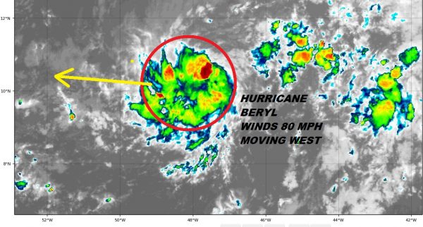 Hurricane Tropical Storm Watches Posted Leeward Islands Beryl 80 MPH Winds