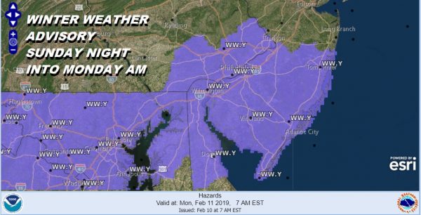 Winter Weather Advisory South Jersey Southeast Pennsylvania Tonight into Monday