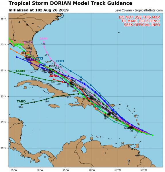 The dilemmas in the forecast are several. Front and center is track of course and given the weakness in the upper high to the north Dorian should turn more northwestward in the Eastern Caribbean which increases the threat to Puerto Rico and the Virgin Islands. However given the small size of the storm and the dry environment it lives in, the target zone is rather small. What exactly are we going to be dealing with from a standpoint of intensity? The areas of yellow and orange represents strong winds in the atmosphere above 5000 feet. Tropical systems do not like strong winds like this as they rip the storms apart blowing thunderstorms away from the center. The GFS has been forecasting hostile conditions developing in the Eastern Caribbean after Tuesday so in theory at least Dorian could be sheared apart to a remnant low before it even reaches Puerto Rico or the islands surrounding it. The European model has been showing the same idea up until last night and now suggests the wind shear won't be an issue here. If that is the case Dorian could make it north of Puerto Rico and the Domincan Republic and into the Bahamas later this week. Conditions north of these islands will be quite favorable for strengthening IF it makes it there in one piece. A buliding upper high to the north and northeast of a storm in the Bahamas would drive it westward toward Florida but we then come back to the original question which is will Dorian survive the Eastern Caribbean?
