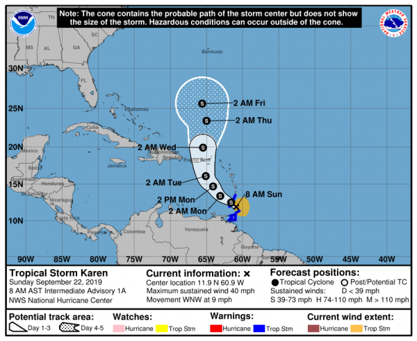 Tropical Storm Warnings may be issued later today for other portions of the Windward Islands. A Tropical Storm Watch will likely be issued later today for Puerto Rico and the Virgin Islands. Elsewhere, interests in the Leeward Islands should monitor the progress of Karen.