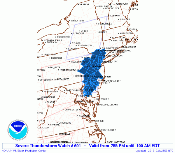 Severe Thunderstorm Watch All of New Jersey Hudson Valley, NYC, Long Island Connecticut
